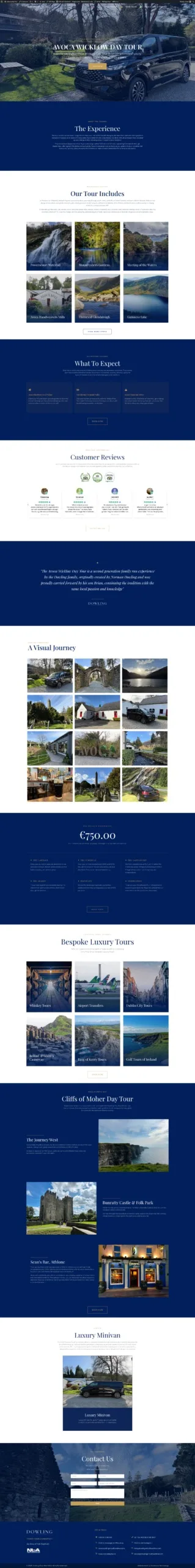 The redesigned site: a dark navy identity led by full-bleed landscape photography, with the €750 price anchored prominently.