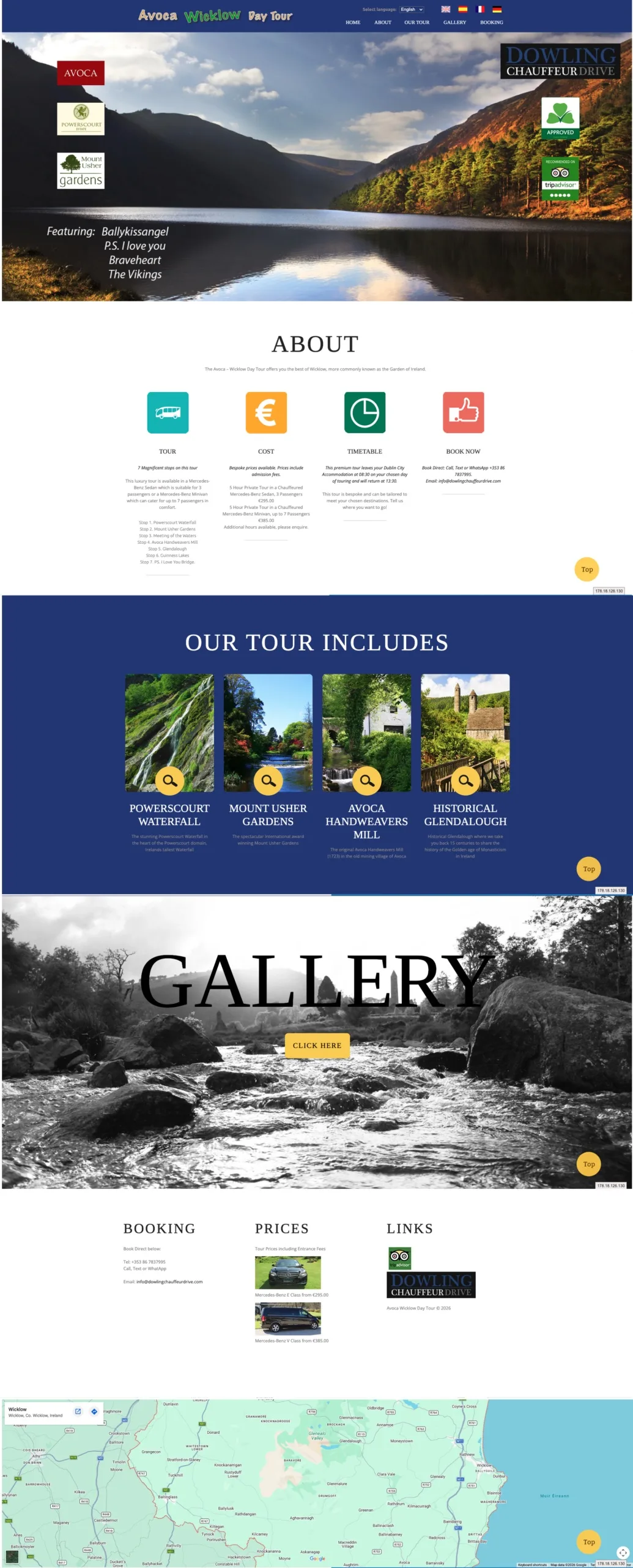 The original Avoca Wicklow Day Tour website: a cluttered generic template with competing logos and buried pricing.