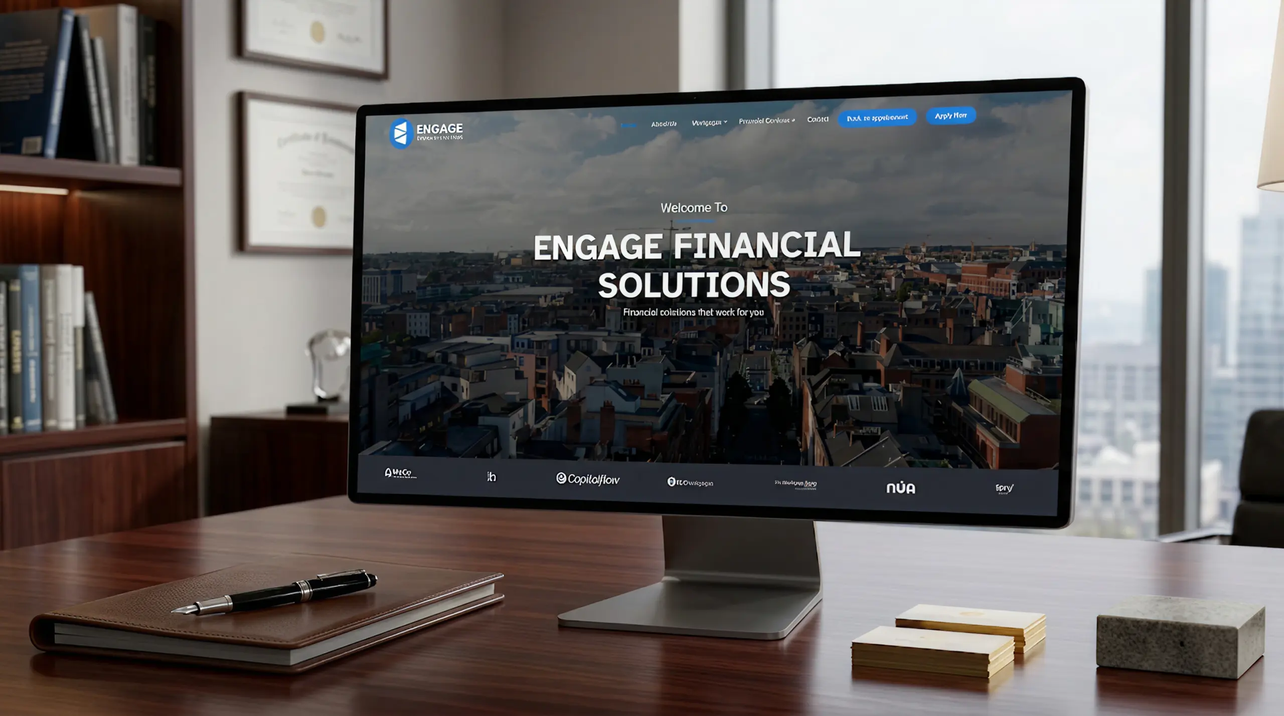 The Engage Financial Solutions site shown on a desktop monitor: a full-bleed Dublin rooftop hero over a dark navigation bar and a row of partner logos.