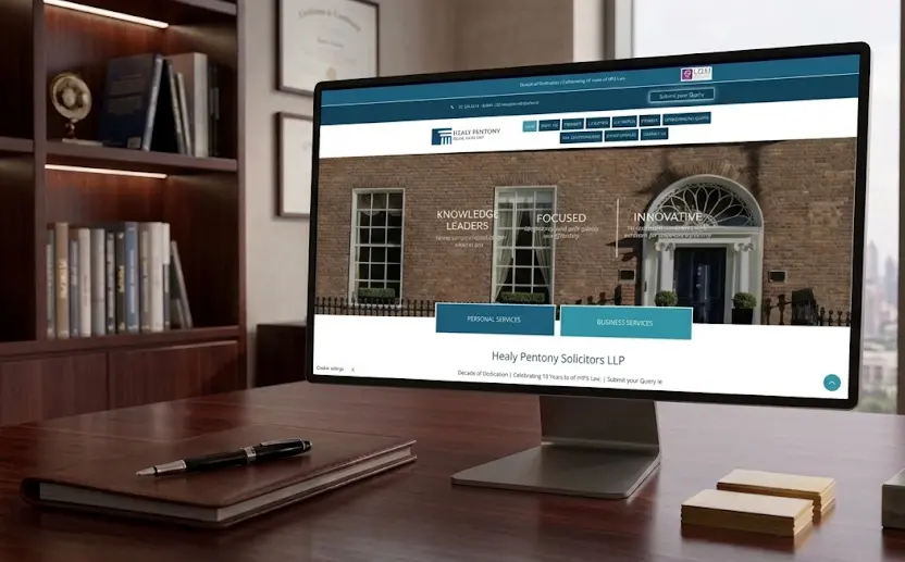 The Healy Pentony Solicitors site shown on a desktop monitor: a Georgian-doorway hero with Knowledge, Focused and Innovative pillars over personal and business service routes.