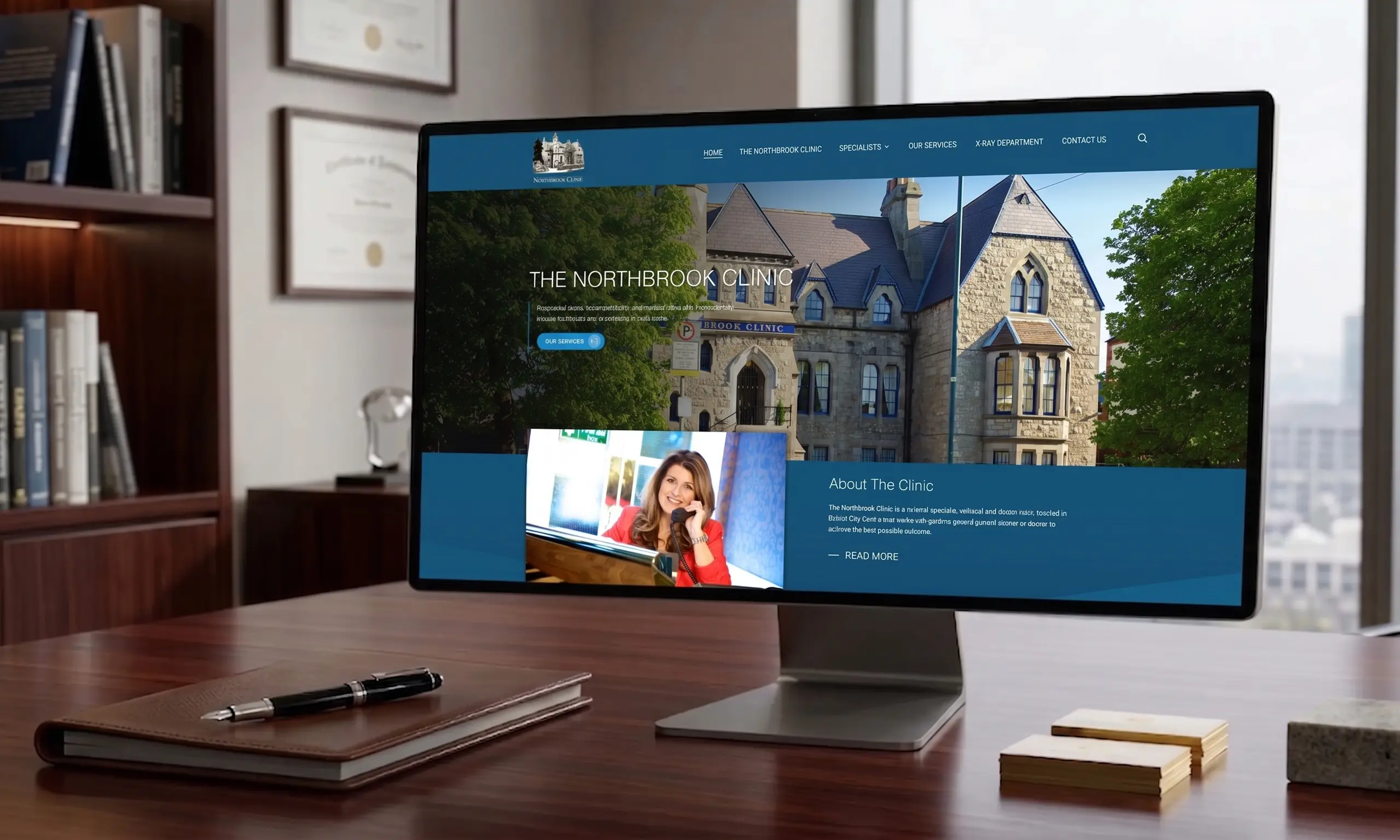 The Northbrook Clinic site shown on a desktop monitor: the clinic building photographed as a full-width hero above an About the Clinic panel.