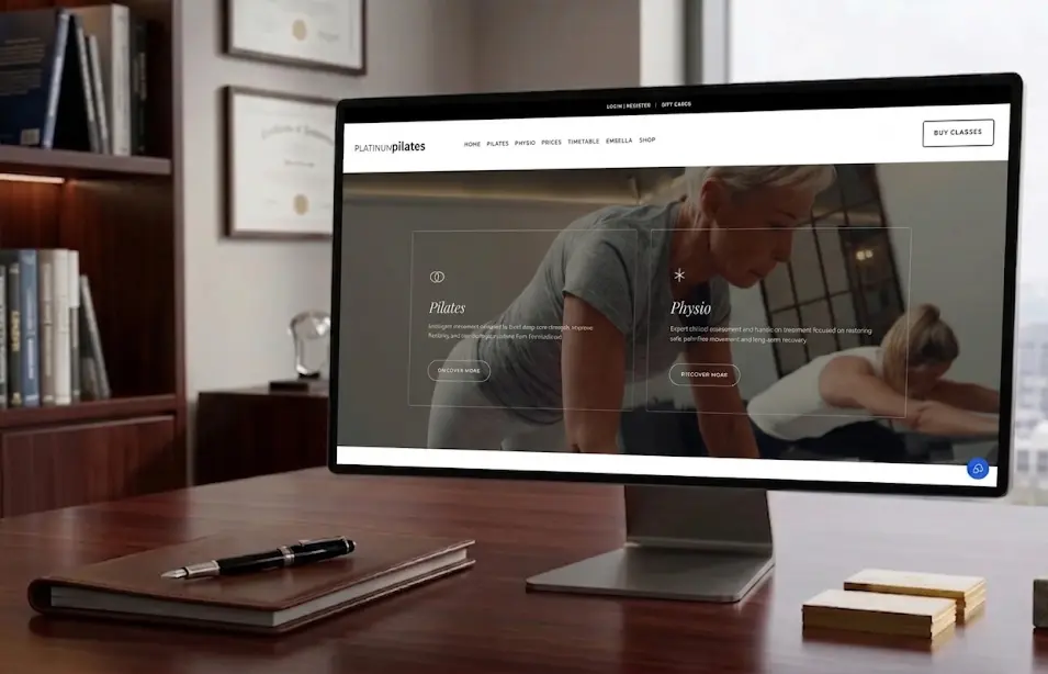 The Platinum Pilates site shown on a desktop monitor: a full-width photographic hero split into Pilates and Physio entry points.